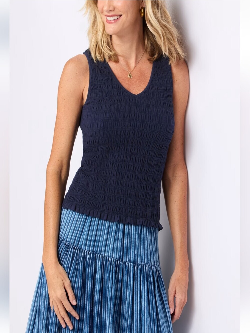 Reversible Smocked Sleeveless V Neck Knit Top